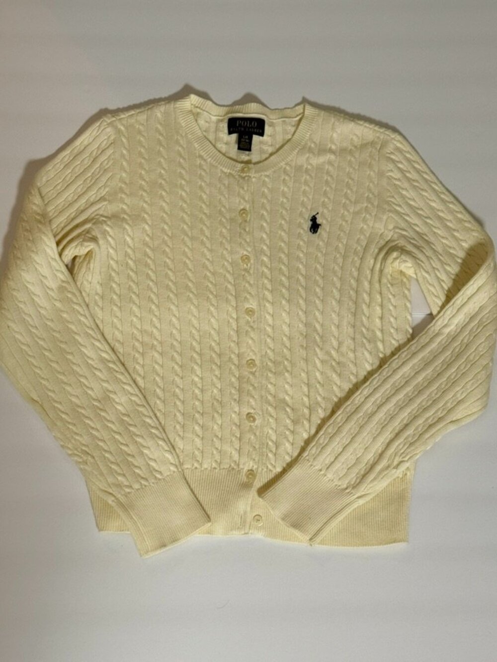 Polo Ralph Lauren Girls L 12-14 Cream Cable Knit Cardigan Navy Pony